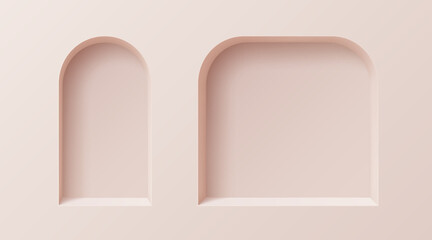 3D wall arch niches or gallery display frames and showcase boxes, vector empty shelf. Arc niche shelves inside of pink wall, exhibition show racks and boutique shop display of arch niches