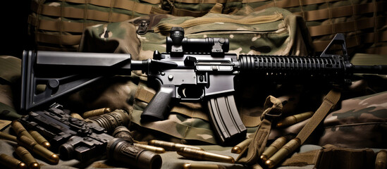 Black Assault Rifle and Bullets on Camo Fabric
