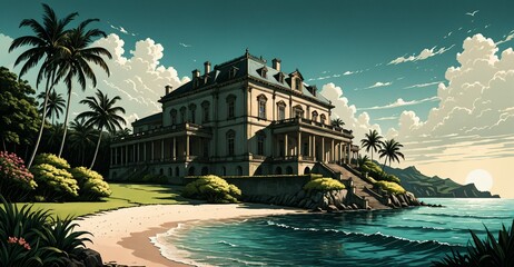 Obraz premium palace mansion by blue ocean beach in green tropical forest woods under blue sky and clouds in summer. open field meadow secluded castle.