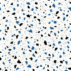 Terrazzo mosaic tile pattern, marble floor with terazo stone texture. Vector background of blue black italian terrazzo mosaic. White marble or ceramic tile with color granite rocks geometric pattern