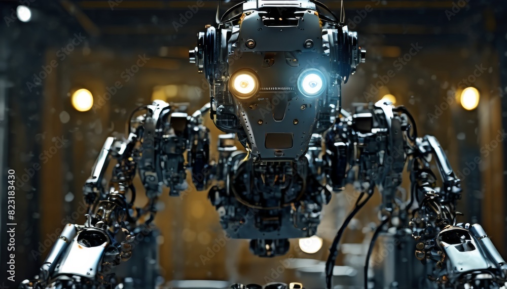 Poster a formidable robot with a complex mechanical structure and bright illuminated eyes stands ready in a