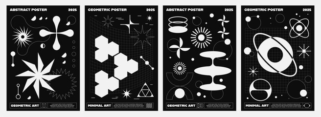 Brutal Y2K posters with abstract white shapes. Geometric posters, abstract vector background with brutal geometric monochrome figures. Vertical banner or backdrop with Y2K simple minimal shapes