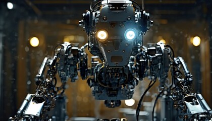 A formidable robot with a complex mechanical structure and bright illuminated eyes stands ready in a dimly lit industrial setting.. AI Generation