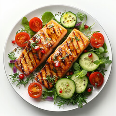 Grilled salmon steak and vegetable salad on plate. Made with generative ai.
