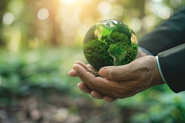 Person holding a green globe containing tree
