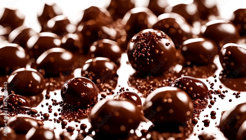 Poster glossy, perfectly rounded chocolate spheres dusted with fine cocoa powder, showcased in a close-up v