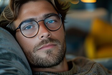 Man with glasses sitting on couch looking at object