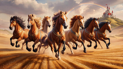 High resolution seven horses wall art poster for wall decoration, seven horses images illustration.