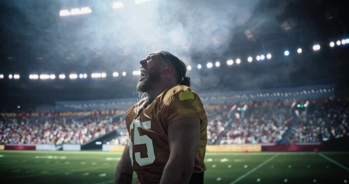 Male Athlete in Uniform Hydrates on Field, Expressing Intensity and Determination During Timeout. American Football Player Drinking Water During Championship Game. Healthcare and Sportsmanship Concept