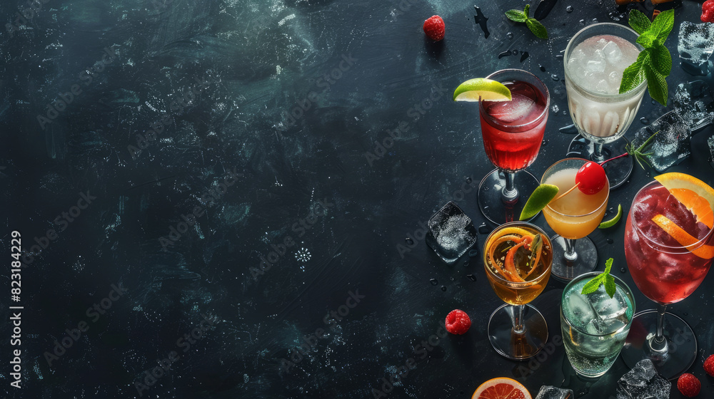 Wall mural cocktails displayed on a dark background, showcasing the classic drink menu with plenty of space for