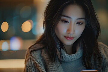 Woman using phone in dim room