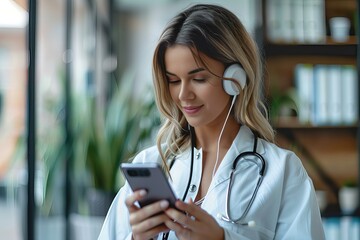 Woman in white lab coat using cell phone