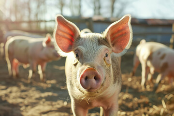 Funny pig on a farm. Farm animals are free on the farm