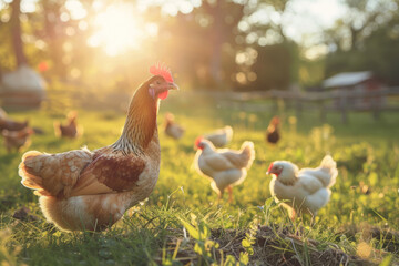 Fototapeta premium Chicken on a sunny farm. Farm animals are free on the farm