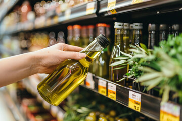Hand holds a bottle of olive oil at grocery store