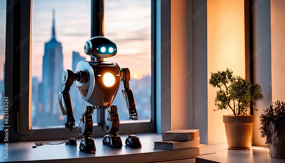 Poster a futuristic robot standing by a window in an urban apartment, looking at the city skyline during a 