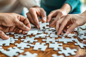 Naklejka premium Several people assembling puzzle table