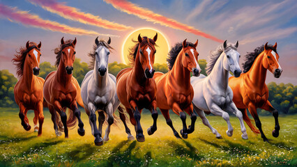 High resolution seven horses wall art poster for wall decoration, seven horses images illustration.