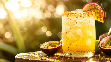 Indulge in a tantalizing passionfruit margarita, a refreshing summertime treat. The vibrant drink sparkles under the warm sunlight, inviting you to sip and savor its tropical flavors.