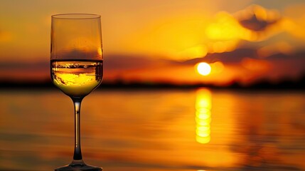 A golden sunset reflected in a long-stemmed wine glass, evoking a sense of relaxation and luxury.