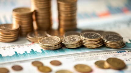 A detailed view of stacked coins on financial newspapers displaying market trends, emphasizing the connection between media information and financial planning.