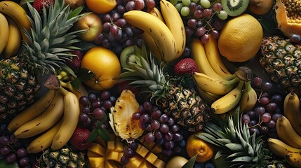 A top-down view of various fruits like pineapples, bananas, and grapes piled together with a slight overlay effect.