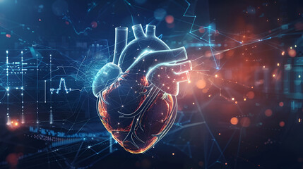 A digital representation of a human heart in a network of glowing connections, symbolizing medical innovation ,Vibrant digital artwork blending human heart with technology in a cybernetic world
