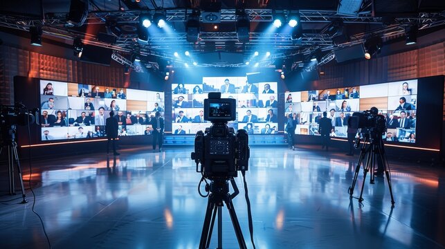 A broadcast studio with 3 seperate LED wall displaying a video conference call with fifty professionals and the main speaker before the LED wall with a camera on a tripod directed. Generative AI. - Powered by Adobe
