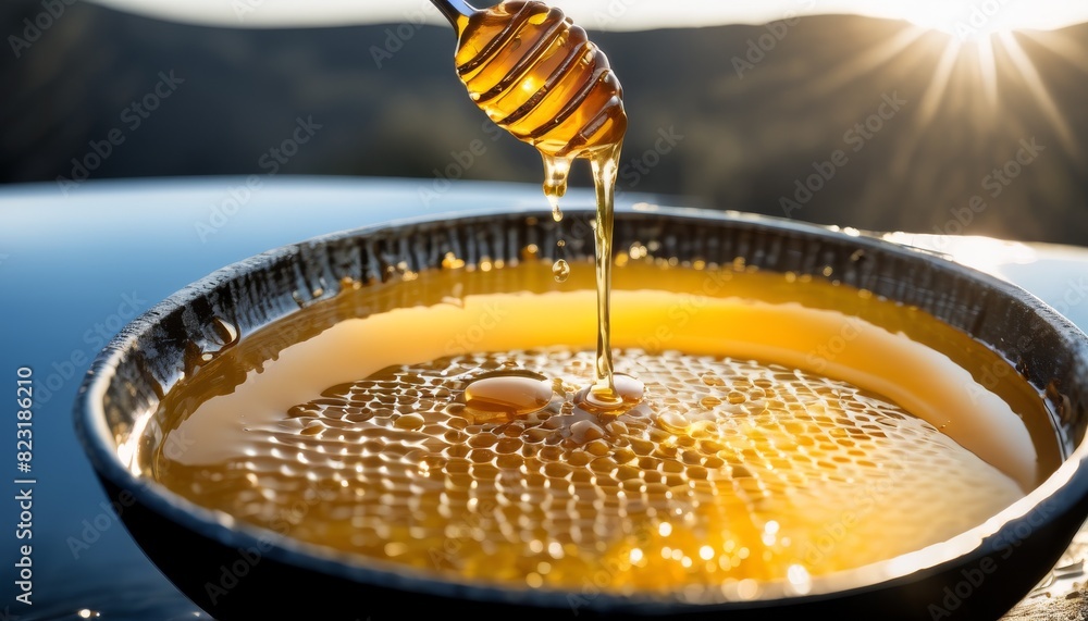 Poster close-up of honey pouring into a rustic bowl against a sunlit mountain backdrop, emphasizing the gol