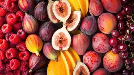 A visually rich assortment of summer fruits like nectarines, raspberries, and figs, layered...