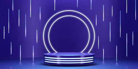 3d blue neon light product podium stage, platform or display pedestal. Vector glowing circle scene of show room or studio on dark background with neon lines effect. Modern product presentation podium