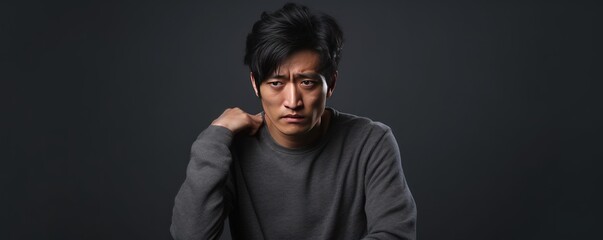 Gray background sad asian man realistic person portrait of young teenage beautiful bad mood expression boy Isolated on Background depression anxiety fear burn out health issue