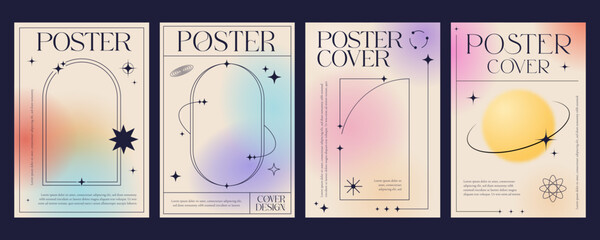 Aesthetic color gradient y2k posters. Abstract line shapes and frames on blurred pastel gradient vector background. Aesthetic aura planet with trendy minimalist art stars, orbits, sparkles and arches