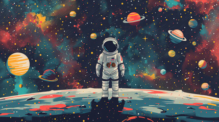 Cute illustration of a child astronaut holding a star in outer space © wasan