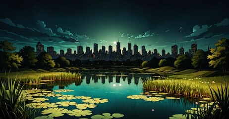Fototapeta premium town homes on river lake water with lily pads and mountains under night sky and moon. village houses on the pond in the forest nature.
