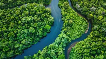 Aerial shot of a green forest with a river winding through it, showcasing the harmonious blend of water and foliage.