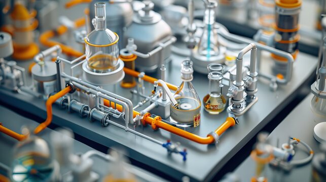 Aerial view of a chemistry lab setup with distillation apparatus, chemical reagents, and safety equipment.