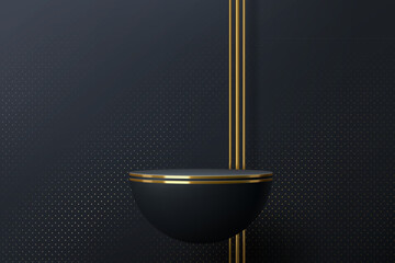 Black podium product stage with golden borders. Realistic 3d vector semi-sphere floating pedestal or podium mockup with golden decor. Elegant background with round platform for promoting cosmetics