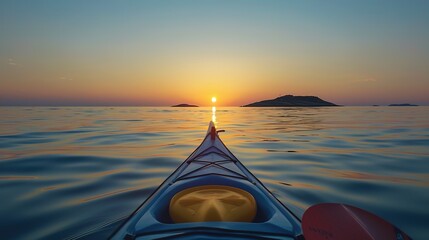 The photo captures a serene and tranquil scene from the perspective of someone in a kayak on calm water during sunset - Powered by Adobe