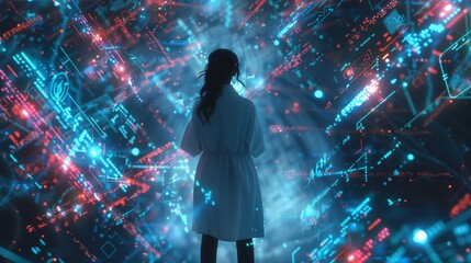 Woman Immersed in Futuristic Digital Interface with Holographic Elements. Futuristic technology and virtual reality concept.