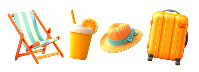 3d summer objects png element set on transparent background