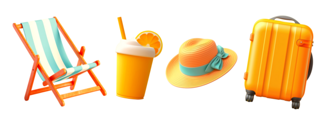 3d summer objects png element set on transparent background