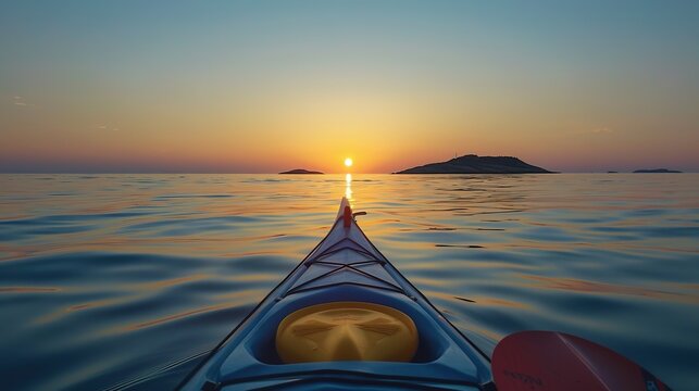 The photo captures a serene and tranquil scene from the perspective of someone in a kayak on calm water during sunset