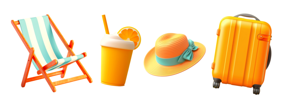 3d summer objects png element set on transparent background
