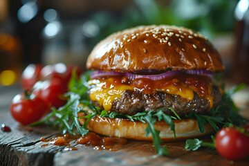 cheese burger with fresh salad on wooden background