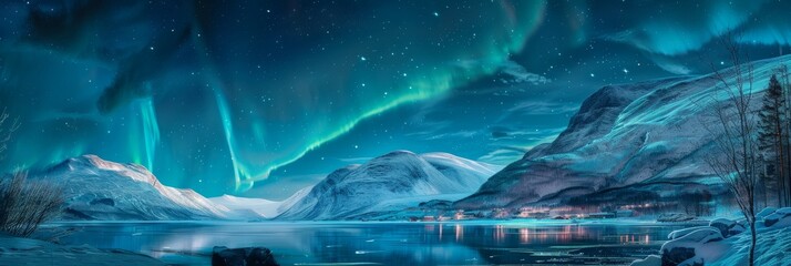 Northern Lights, Norway Winter Aurora Borealis Painting, Polar Lights, Copy Space