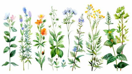 Watercolour painting of various plants.