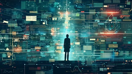 Silhouette of a person standing in front of a vast digital interface. Futuristic technology and data visualization concept.