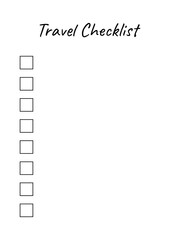 Travel checklist with black text. To-do list with checkboxes. Vector flat illustration. What to take with you on a trip. Template with hand written text.
