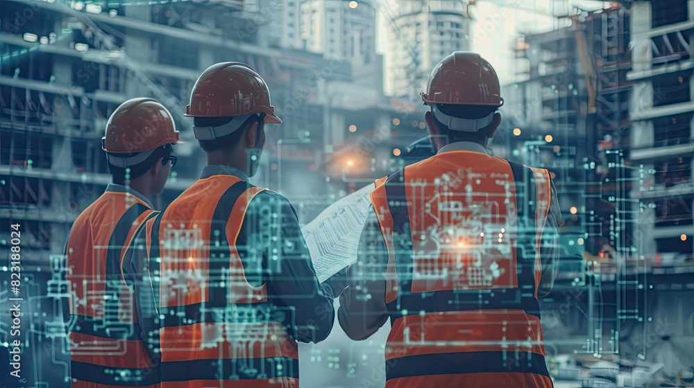 Poster civil engineers in safety vests and helmets inspecting a site with a blueprint overlay.